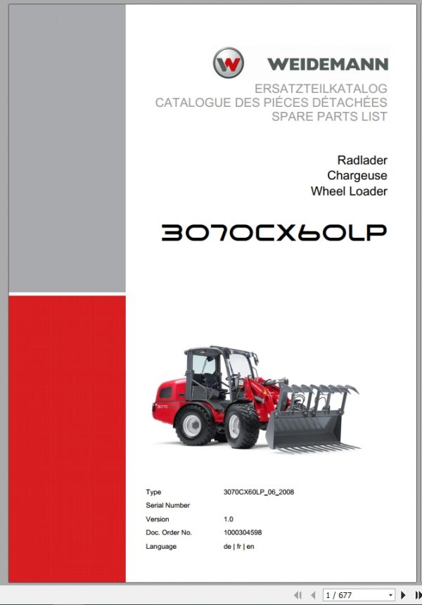 Weidemann Wheel Loader 3070CX60LP 3070CX60LP 06 2008 1.0 Spare Parts List DEFREN 1