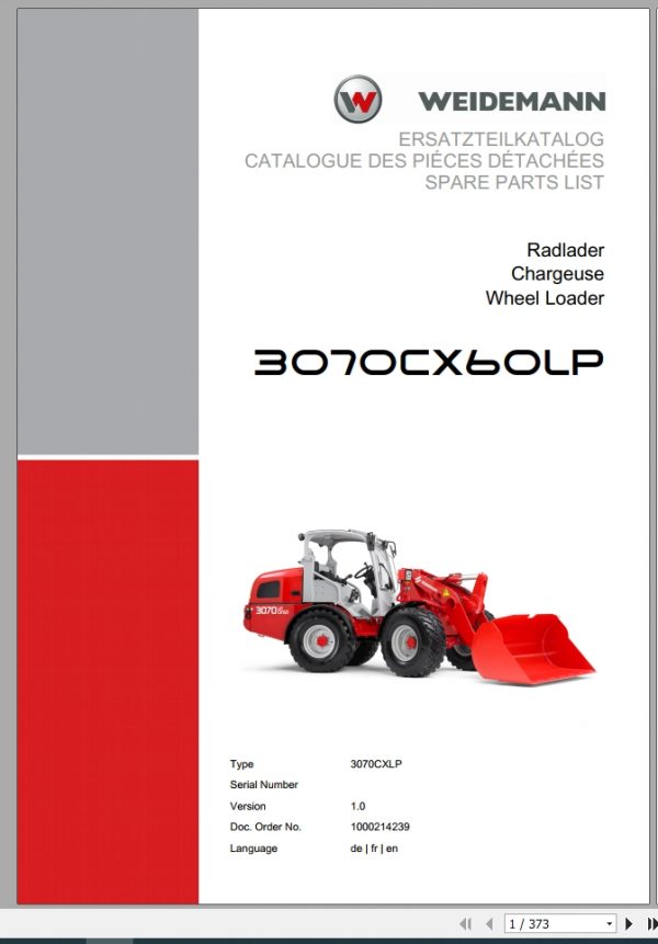 Weidemann Wheel Loader 3070CX60LP 3070CXLP 1.0 Spare Parts List DEFREN 1