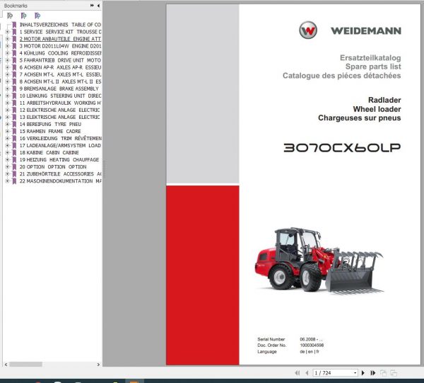 Weidemann Wheel Loader 3070CX60LP Spare Parts List ENDEFR 1