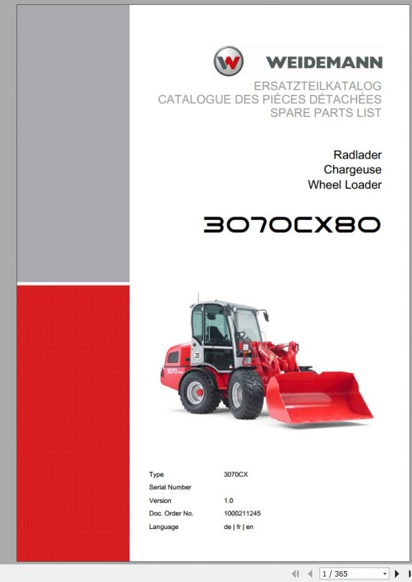 Weidemann Wheel Loader 3070CX80 3070CX 1.0 Spare Parts List DEFREN 1