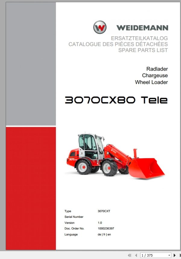 Weidemann Wheel Loader 3070CX80 TELE 3070CXT 1.0 Spare Parts List DEFREN 1