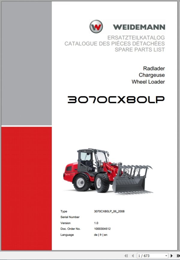 Weidemann Wheel Loader 3070CX80LP 3070CX80LP 06 2008 1.0 Spare Parts List DEFREN 1
