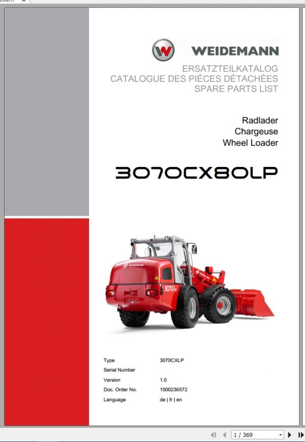 Weidemann Wheel Loader 3070CX80LP 3070CXLP 1.0 Spare Parts List DEFREN 1