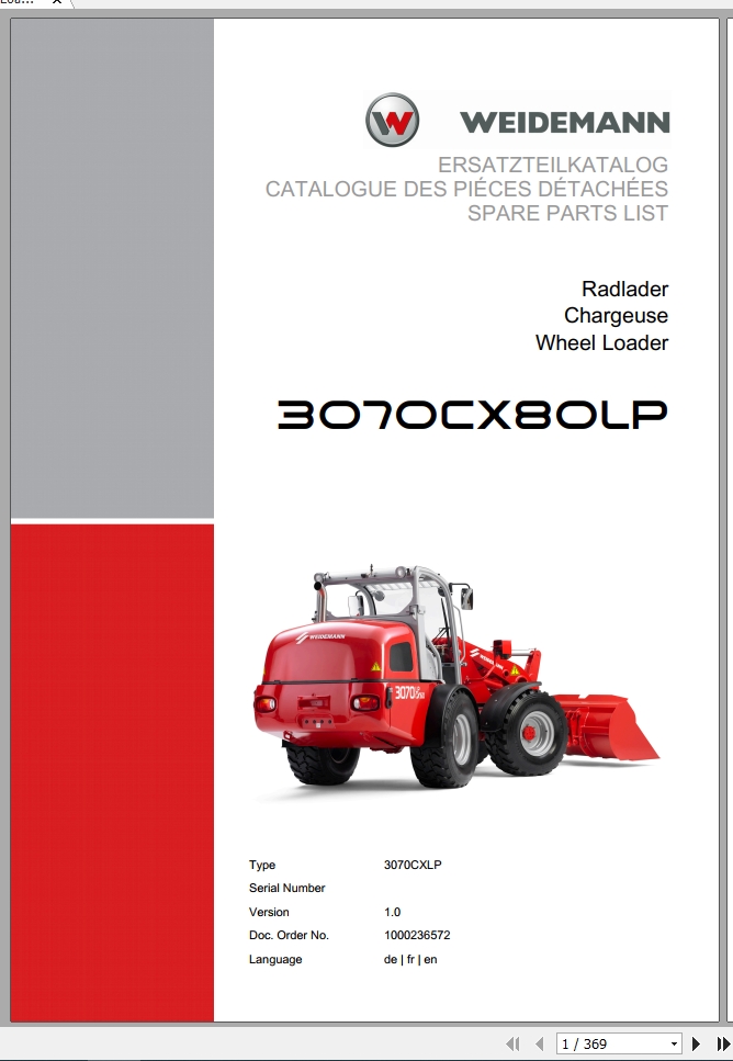 Weidemann Wheel Loader 3070CX80LP 3070CXLP 1.0 Spare Parts List DEFREN 1
