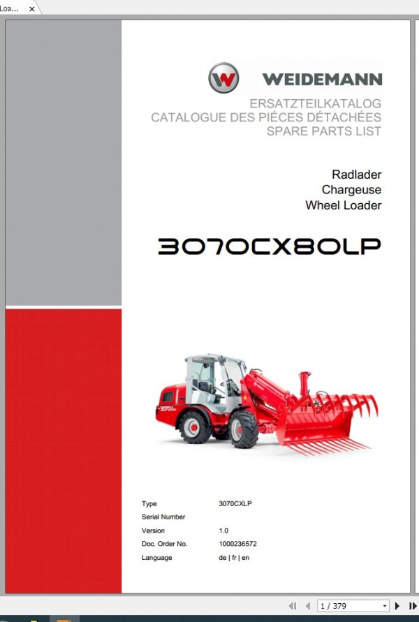 Weidemann Wheel Loader 3070CX80LP TELE 3070CXLP 1.0 Spare Parts List DEFREN 1