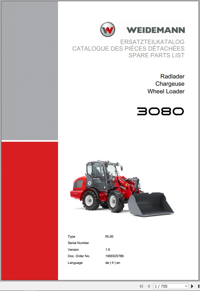Weidemann Wheel Loader 3080 RL50 1.0 Spare Parts List DEFREN 1