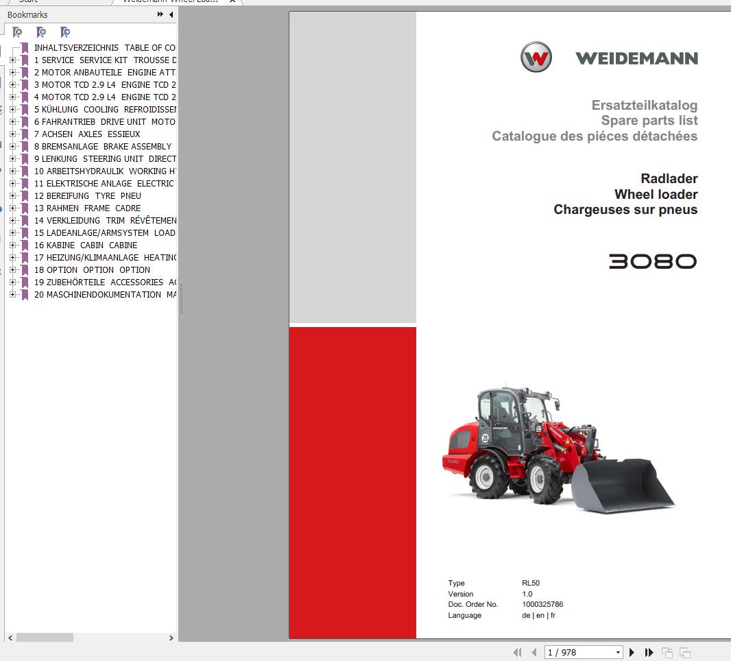 Weidemann Wheel Loader 3080 RL50 1.0 Spare Parts List ENDEFR 1