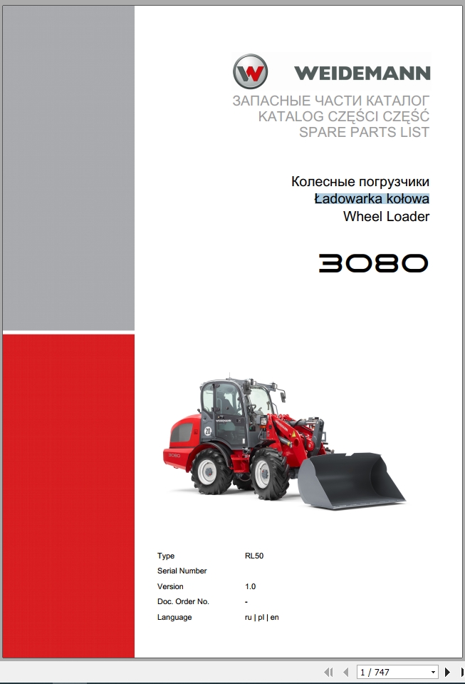 Weidemann Wheel Loader 3080 RL50 1.0 Spare Parts List RUPLEN 1
