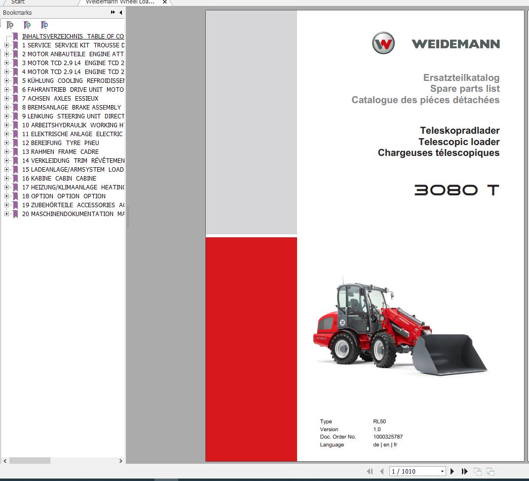 Weidemann Wheel Loader 3080 T RL50 1.0 Spare Parts List ENDEFR 1