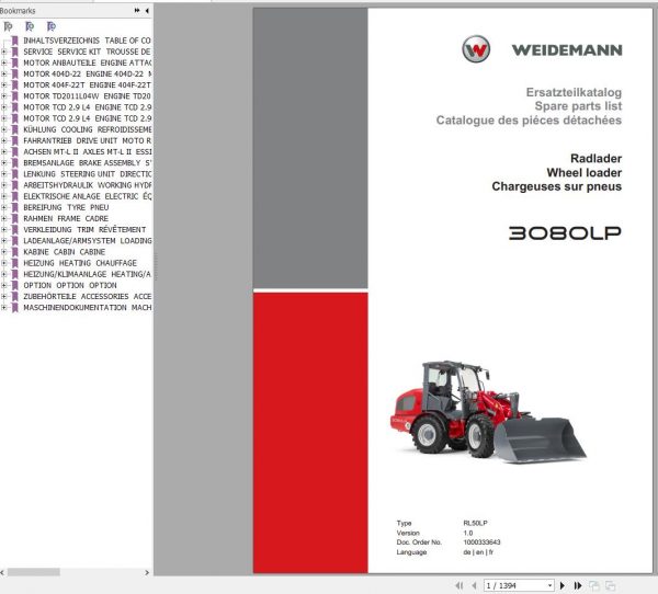 Weidemann Wheel Loader 3080LP RL50LP 1.0 Spare Parts List DEFREN 2019 3