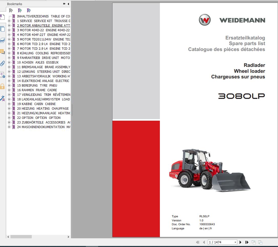 Weidemann Wheel Loader 3080LP RL50LP 1.0 Spare Parts List ENDEFR 1
