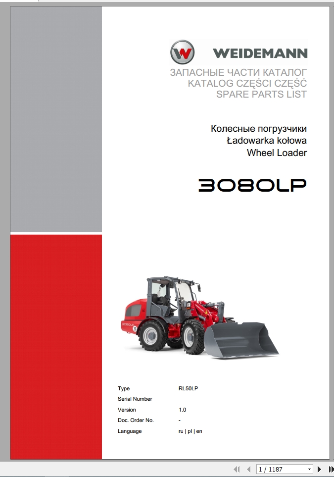 Weidemann Wheel Loader 3080LP RL50LP 1.0 Spare Parts List RUPLEN 1