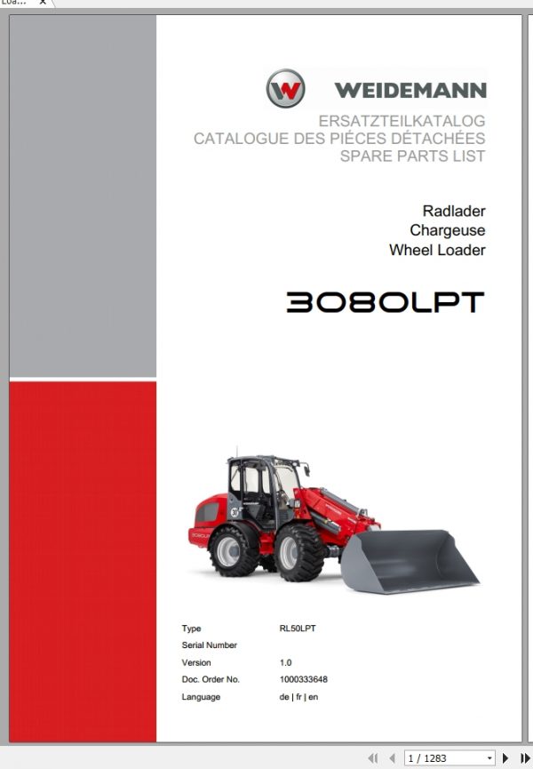 Weidemann Wheel Loader 3080LPT RL50LPT 1.0 Spare Parts List DEFREN 1