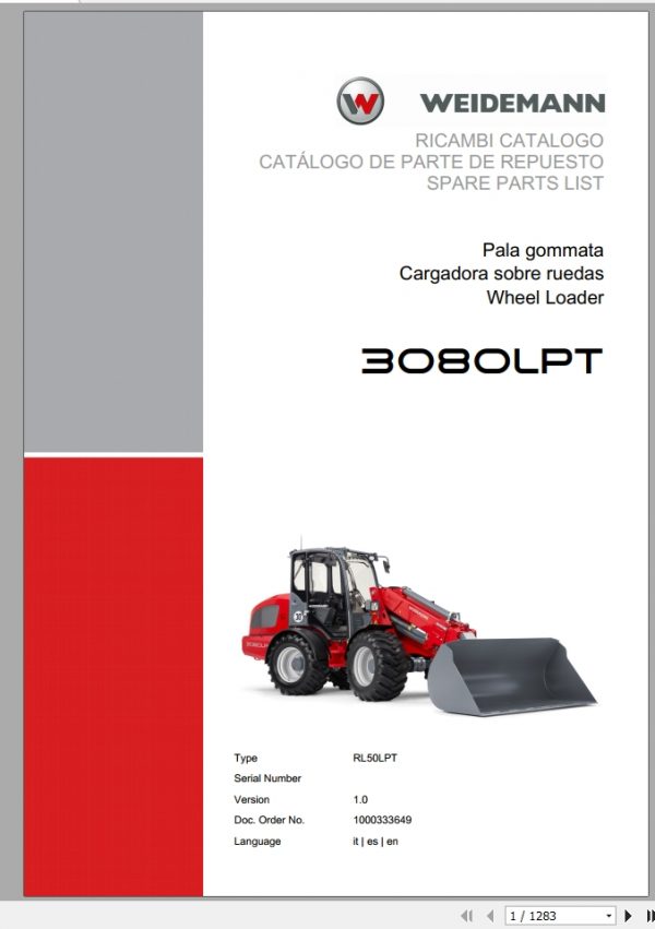 Weidemann Wheel Loader 3080LPT RL50LPT 1.0 Spare Parts List ITESEN 1