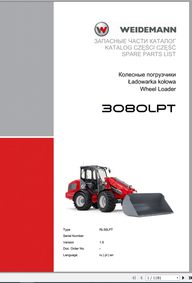 Weidemann Wheel Loader 3080LPT RL50LPT 1.0 Spare Parts List RUPLEN 1