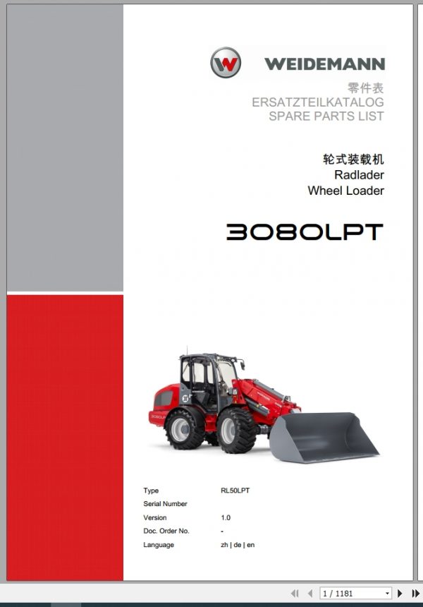 Weidemann Wheel Loader 3080LPT RL50LPT 1.0 Spare Parts List ZHDEEN 1
