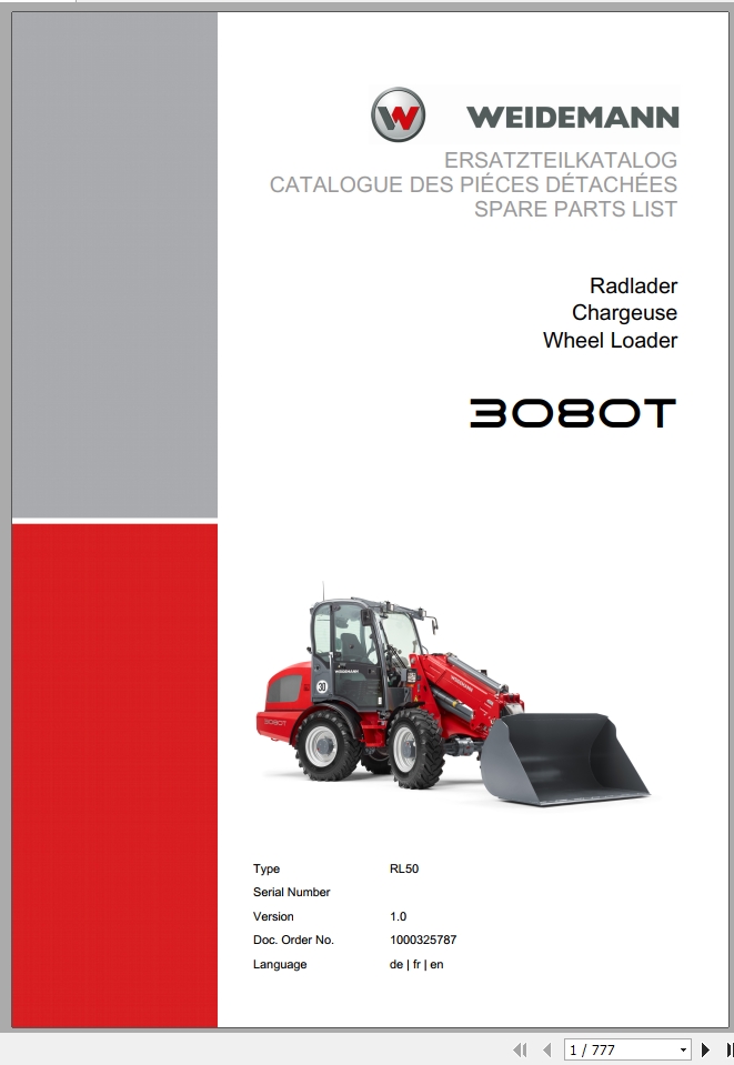 Weidemann Wheel Loader 3080T RL50 1.0 Spare Parts List DEFREN 1