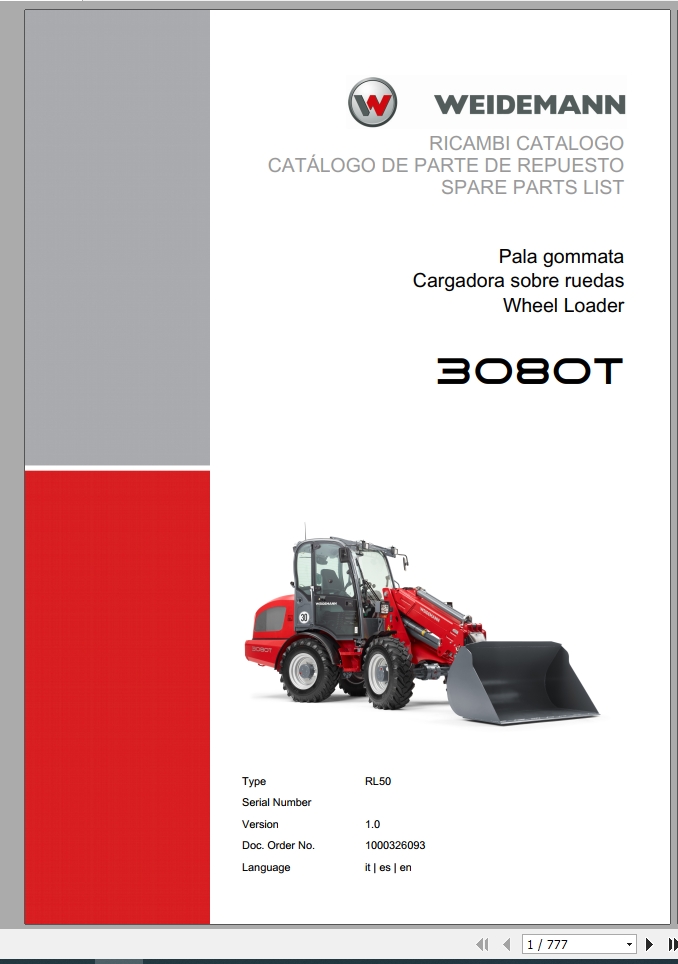 Weidemann Wheel Loader 3080T RL50 1.0 Spare Parts List ITESEN 1