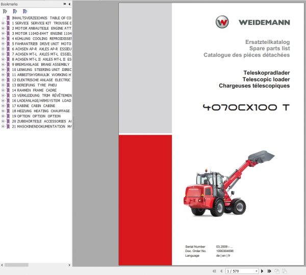 Weidemann Wheel Loader 4070CX100 T 1000304696 Spare Parts List ENDEFR 1