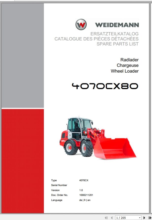 Weidemann Wheel Loader 4070CX80 4070CX 1.0 Spare Parts List DEFREN 1