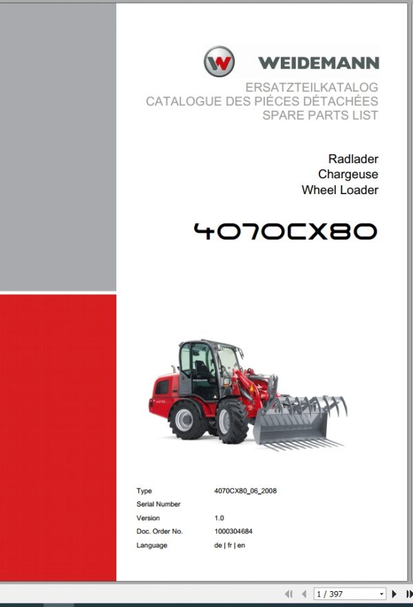 Weidemann Wheel Loader 4070CX80 4070CX80 06 2008 1.0 Spare Parts List DEFREN 1