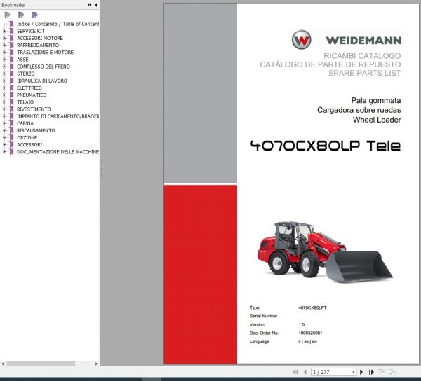 Weidemann Wheel Loader 4070CX80LP TELE 4070CX80LPT 1.0 Spare Parts List ITESEN 1