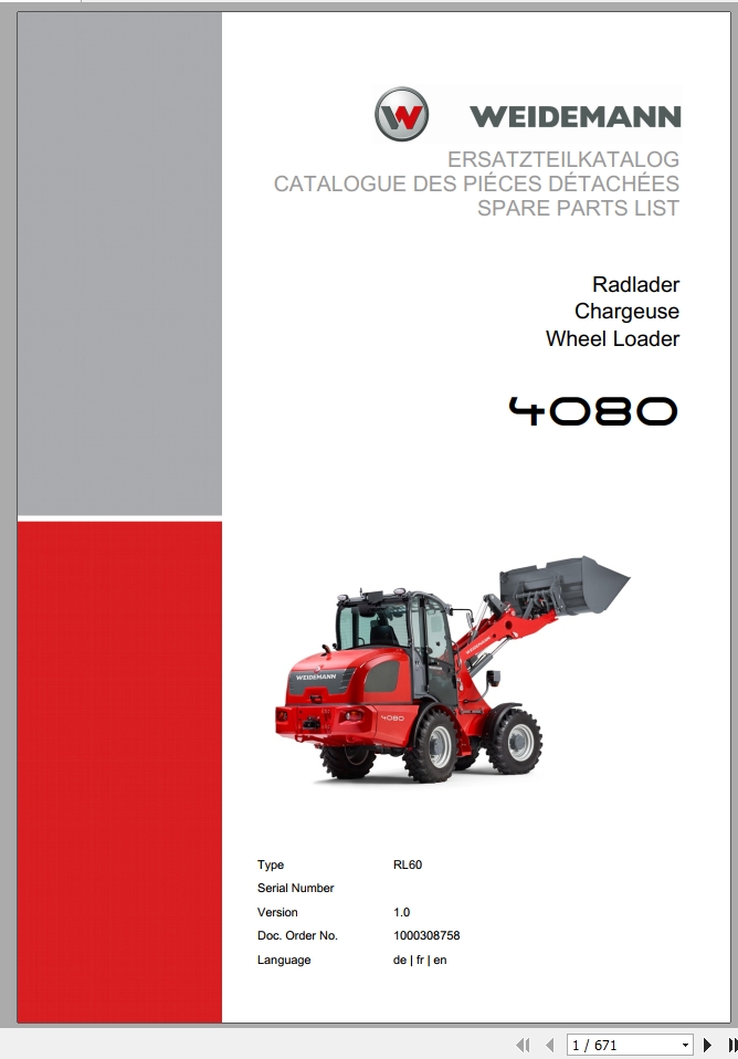 Weidemann Wheel Loader 4080 RL60 1.0 Spare Parts List DEFREN 1