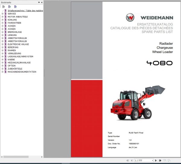 Weidemann Wheel Loader 4080 RL60 TierIV Final 1.0 Spare Parts List DEFREN 1