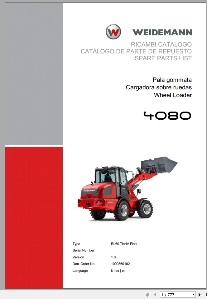 Weidemann Wheel Loader 4080 RL60 TierIV Final 1.0 Spare Parts List ITESEN 1