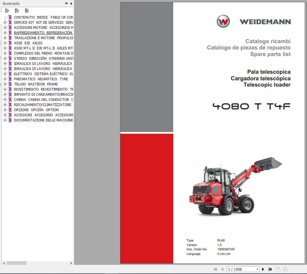 Weidemann Wheel Loader 4080 T T4F RL60 1.0 Spare Parts List ITESEN 1