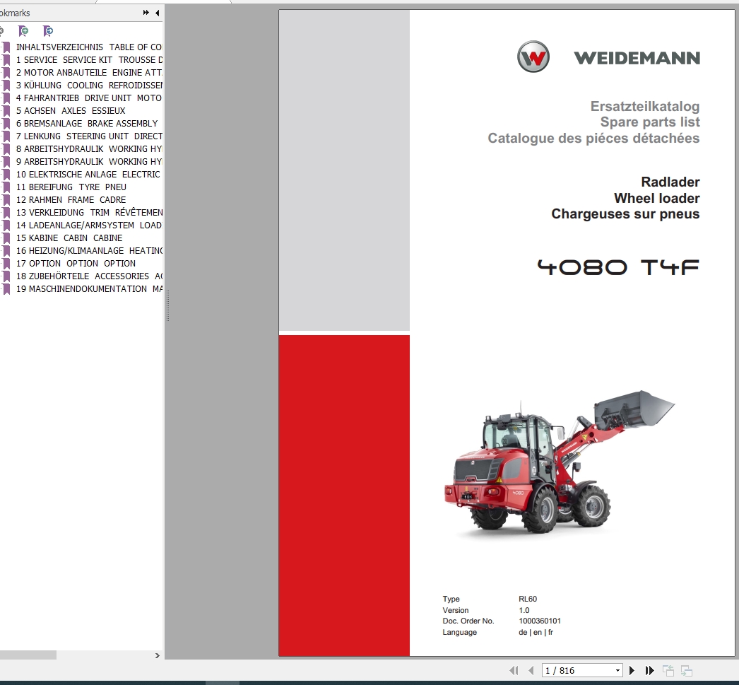 Weidemann Wheel Loader 4080 T4F RL60 1.0 Spare Parts List ENDEFR 1