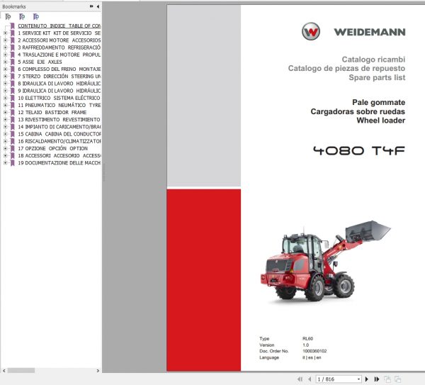 Weidemann Wheel Loader 4080 T4F RL60 1.0 Spare Parts List ENITES 1