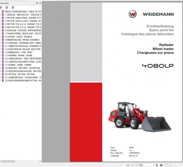 Weidemann Wheel Loader 4080LP RL60 1.0 Spare Parts List ENDEFR 1