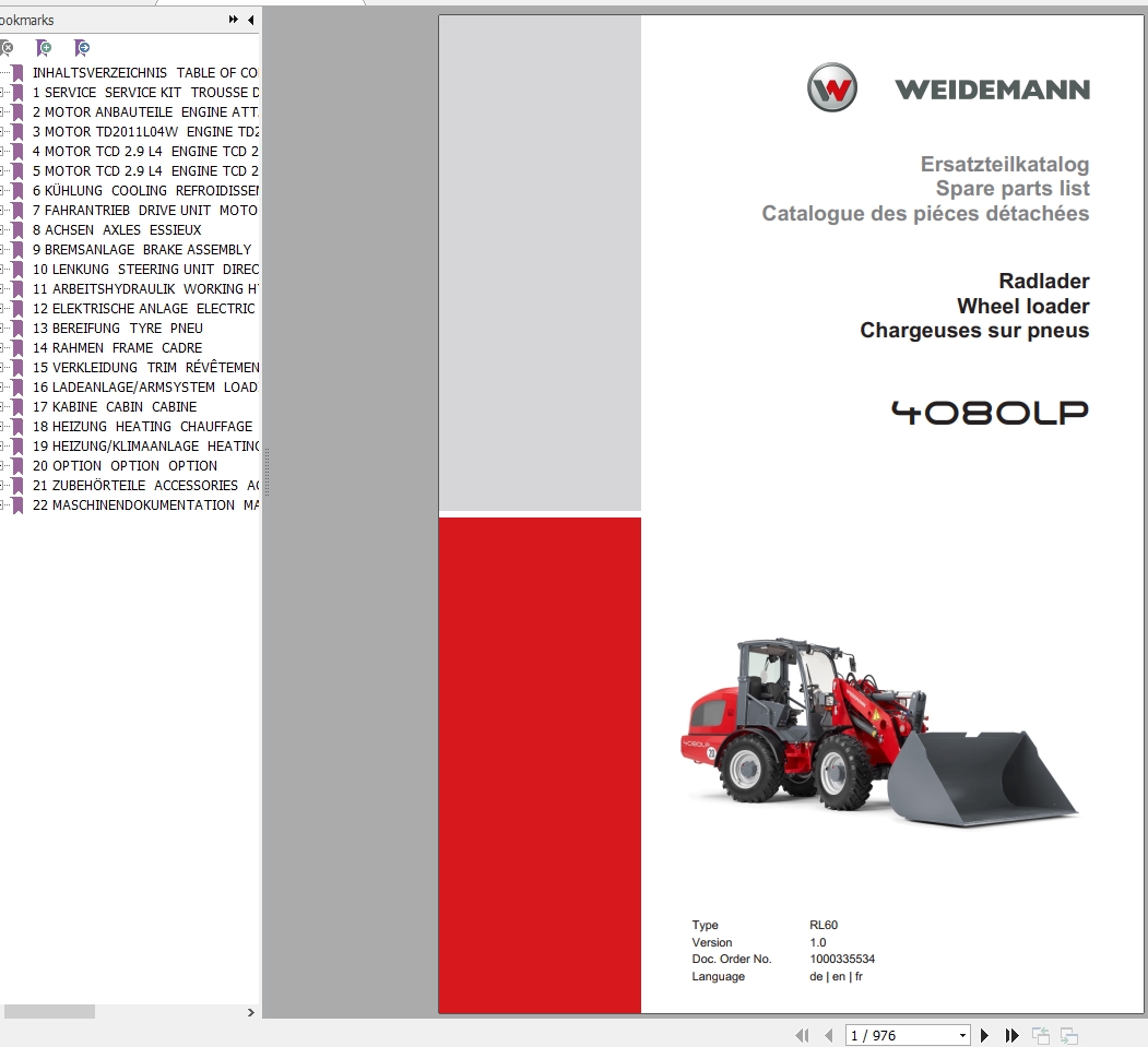 Weidemann Wheel Loader 4080LP RL60 1.0 Spare Parts List ENDEFR 1