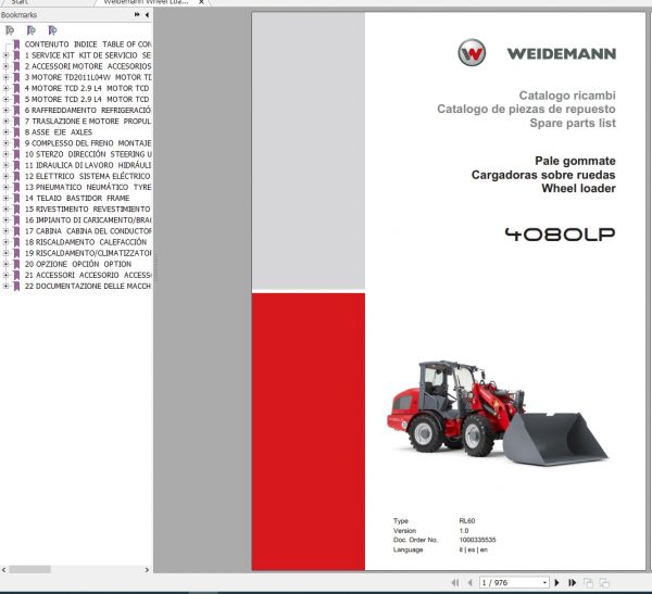Weidemann Wheel Loader 4080LP RL60 1.0 Spare Parts List ENITES 1