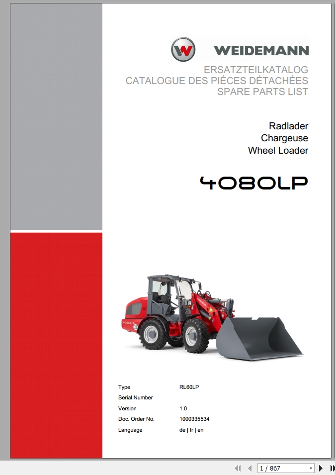 Weidemann Wheel Loader 4080LP RL60LP 1.0 Spare Parts List DEFREN 1