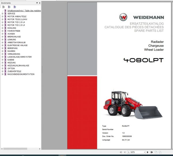 Weidemann Wheel Loader 4080LPT RL60LPT 1.0 Spare Parts List DEFREN 1