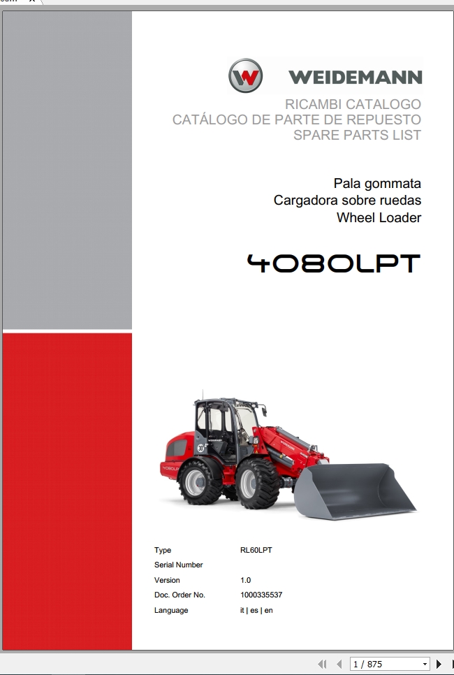 Weidemann Wheel Loader 4080LPT RL60LPT 1.0 Spare Parts List ITESEN 1