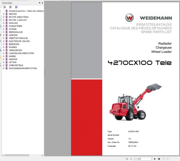 Weidemann Wheel Loader 4270CX100 TELE 4270CX100T 1.0 Spare Parts List DEFREN 1