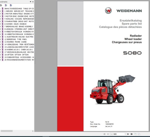 Weidemann Wheel Loader 5080 RL70 Spare Parts List ENDEFR 1