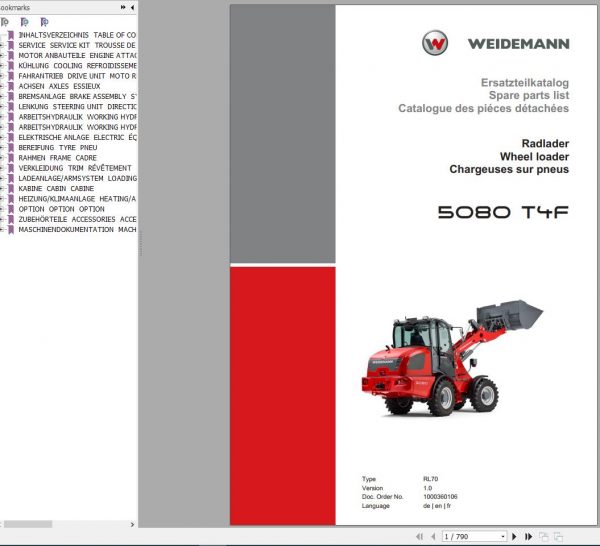 Weidemann Wheel Loader 5080 T4F RL70 1.0 Spare Parts List DEFREN 1