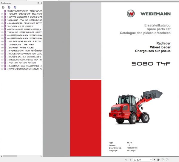 Weidemann Wheel Loader 5080 T4F RL70 1.0 Spare Parts List ENITES 1