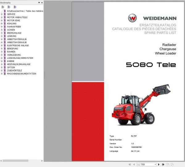 Weidemann Wheel Loader 5080 TELE RL70T 1.0 Spare Parts List DEFREN 1