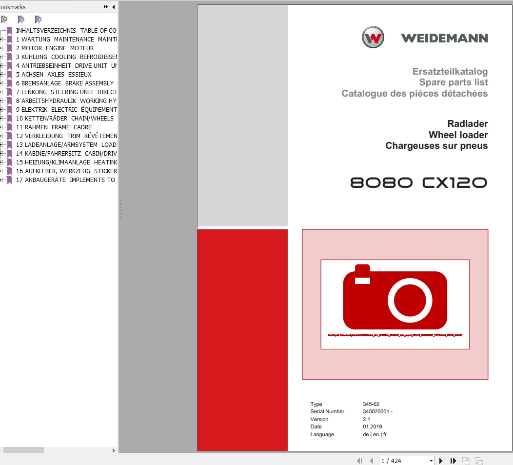 Weidemann Wheel Loader 8080 CX120 Type 345 02 2.1 Spare Parts List ENITES 1