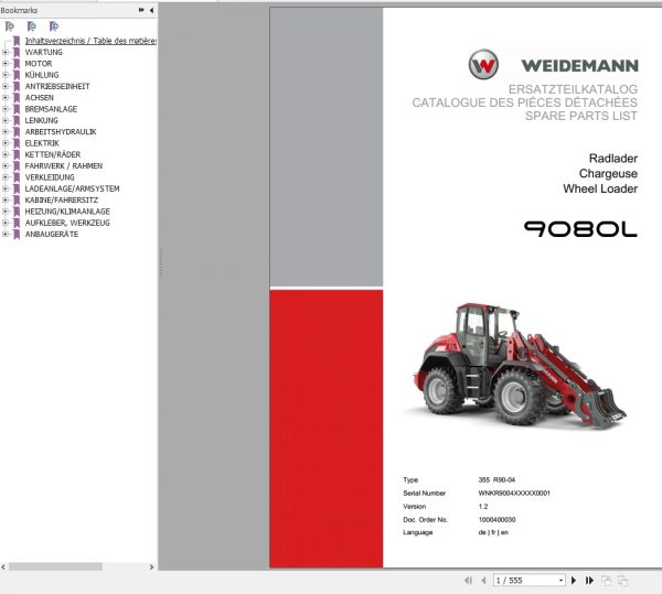 Weidemann Wheel Loader 9080L 355 R90 04 1.2 Spare Parts List DEFREN 1