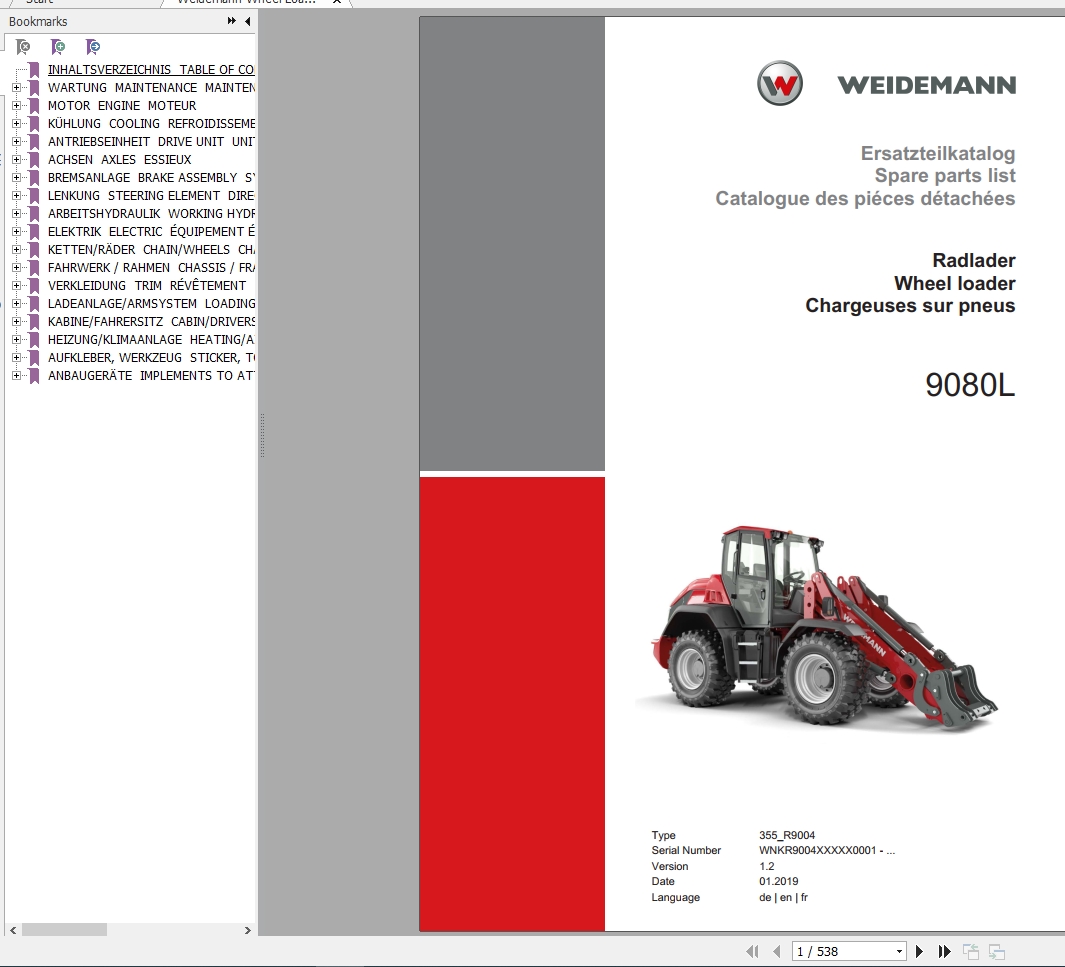 Weidemann Wheel Loader 9080L Type 355 R9004 1.2 Spare Parts List ENITES 1