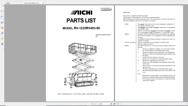 Aichi Aerial Platform RV 123 IRV403 90 A2 STA00028 Parts List En 1