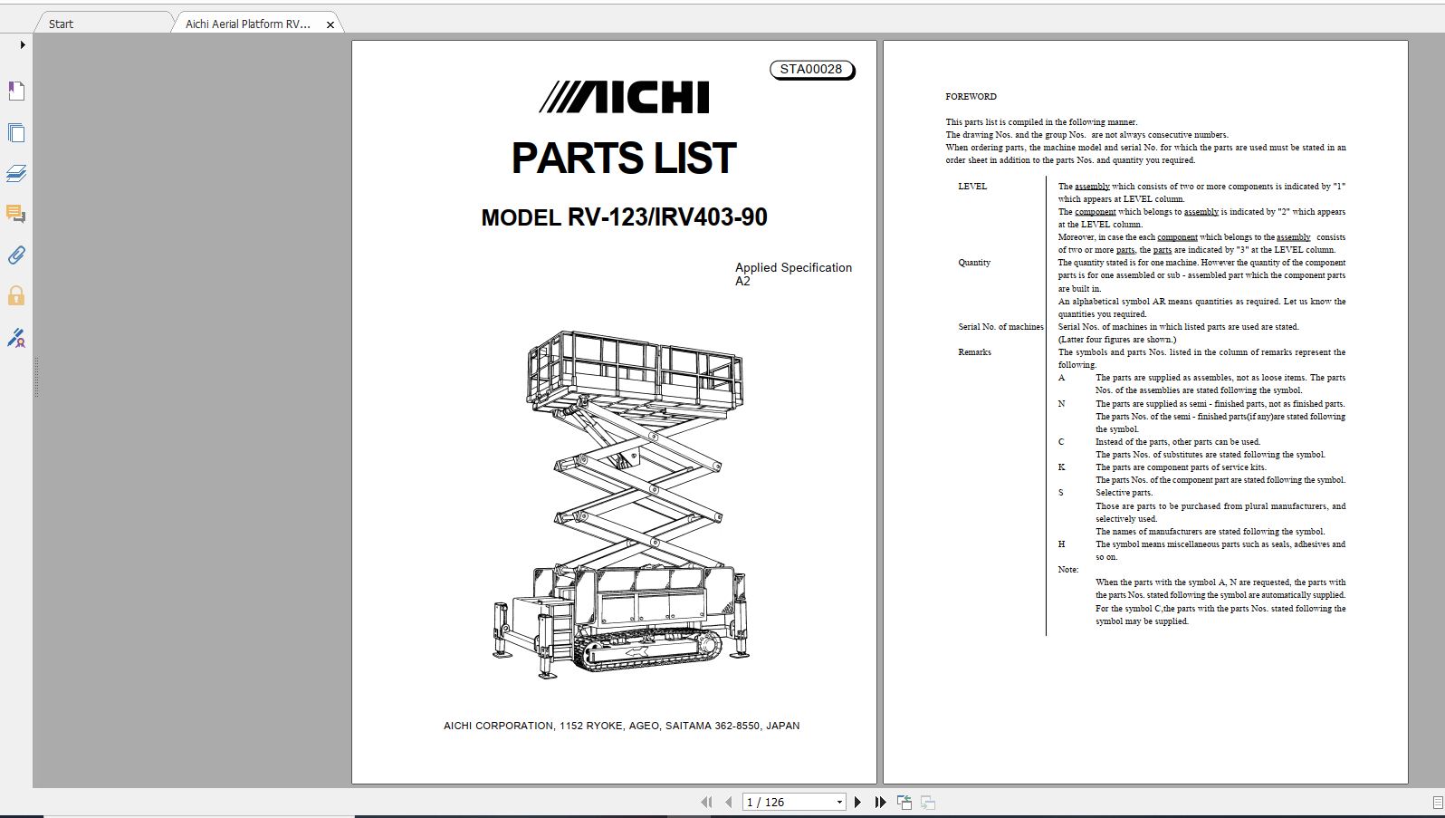 Aichi Aerial Platform RV 123 IRV403 90 A2 STA00028 Parts List En 1