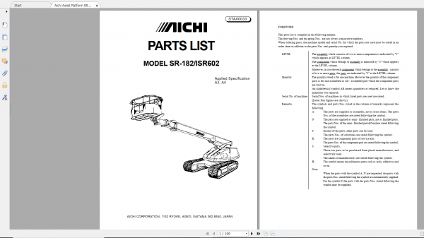 Aichi Aerial Platform SR182 ISR602 A3A4 STA00033 Part List En 1