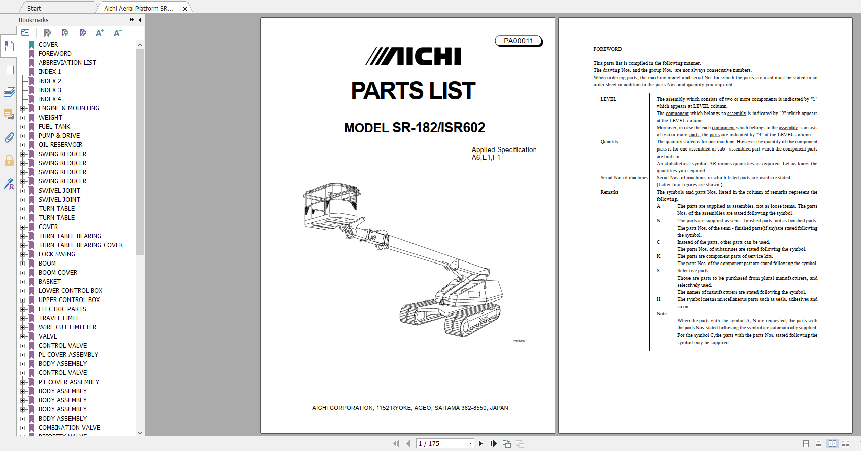 Aichi Aerial Platform SR182 ISR602 A6E1F1 PA00011 Part List En 1